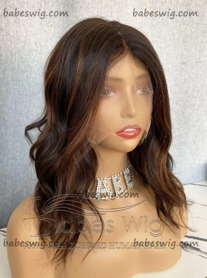 Gluelsss 100% Remy Human Hair Lace Front Wigs Highlights Short Wavy Silk Top Human Hair Lace Front Wigs -BabesWIG