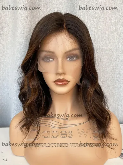 Short Highlights Wavy 100% Remy Human Hair Lace Front Wigs / Silk Top Human Hair Lace Front Wigs 