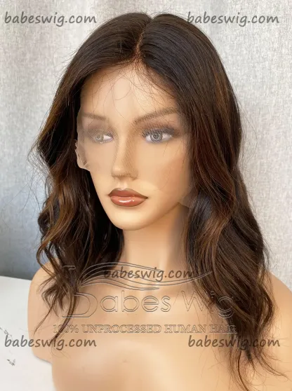 Short Highlights Wavy 100% Remy Human Hair Lace Front Wigs / Silk Top Human Hair Lace Front Wigs 