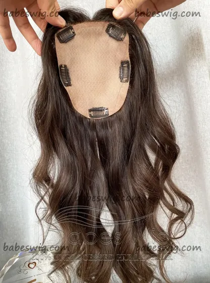 100% Human Hair Silk Top Topper, Brown Wavy 5*6 Silk Base Topper Topper for Women Crown Hair Toupee Hairpiece-BabesWIG