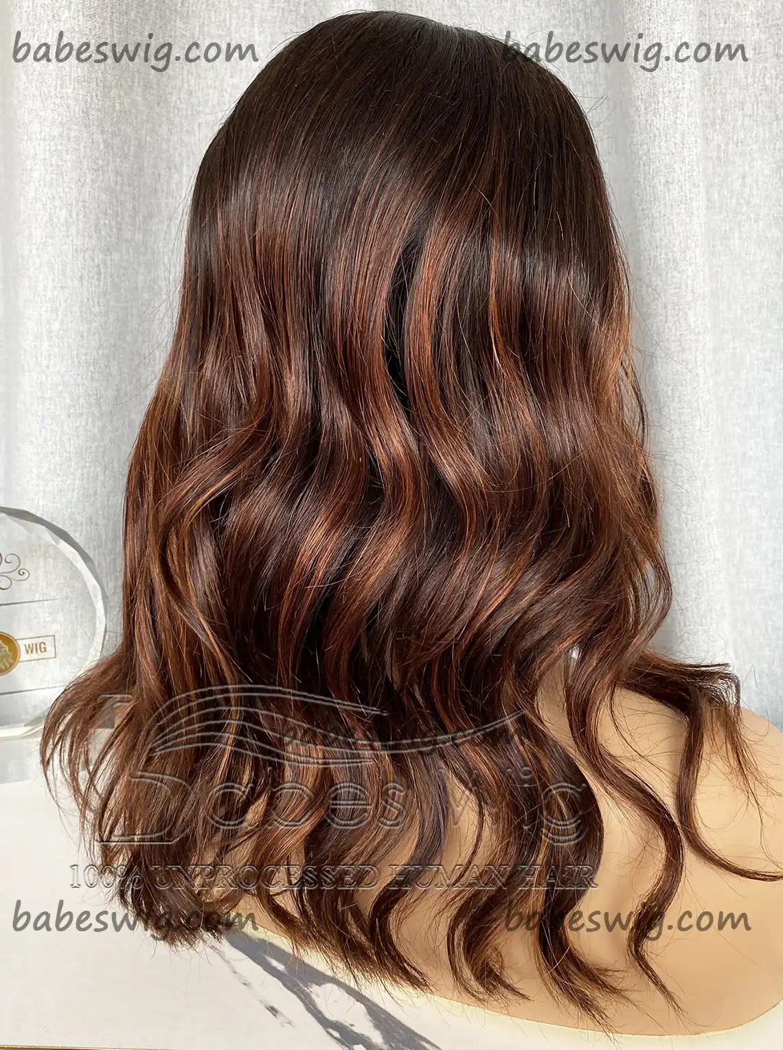 Dark brown base with Ginger balayage Color Glueless Silk Top Human Hair Lace Frontal Wigs