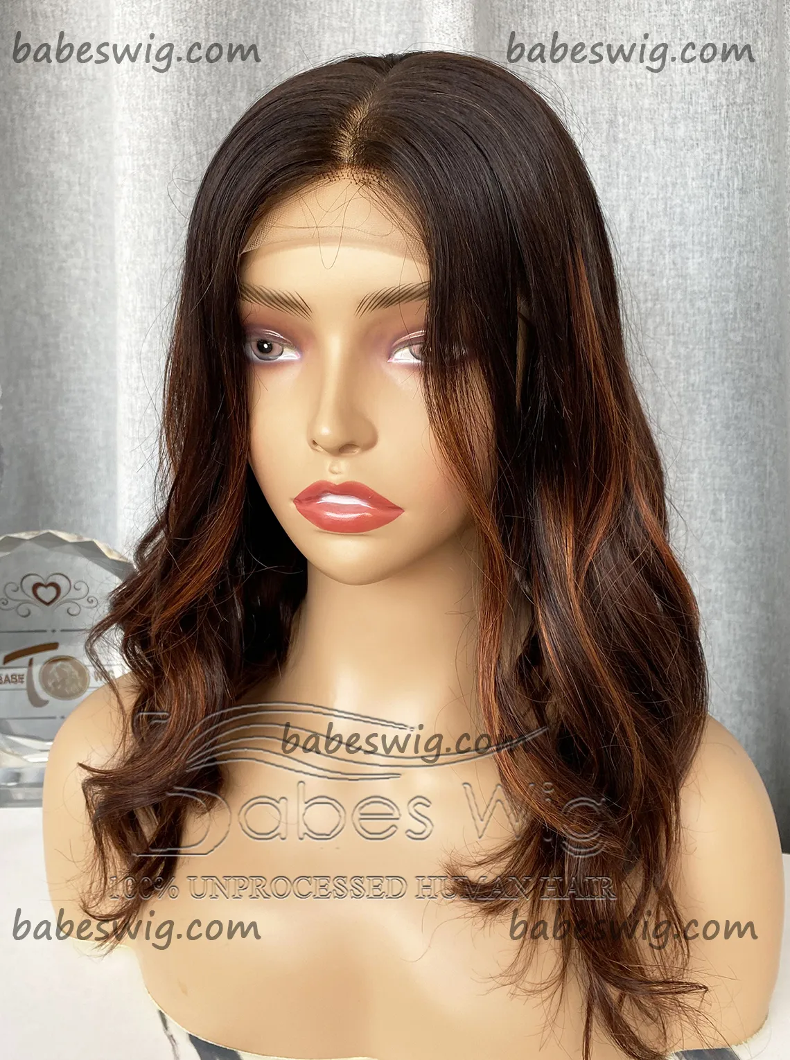 Dark brown base with Ginger balayage Color Glueless Silk Top Human Hair Lace Frontal Wigs