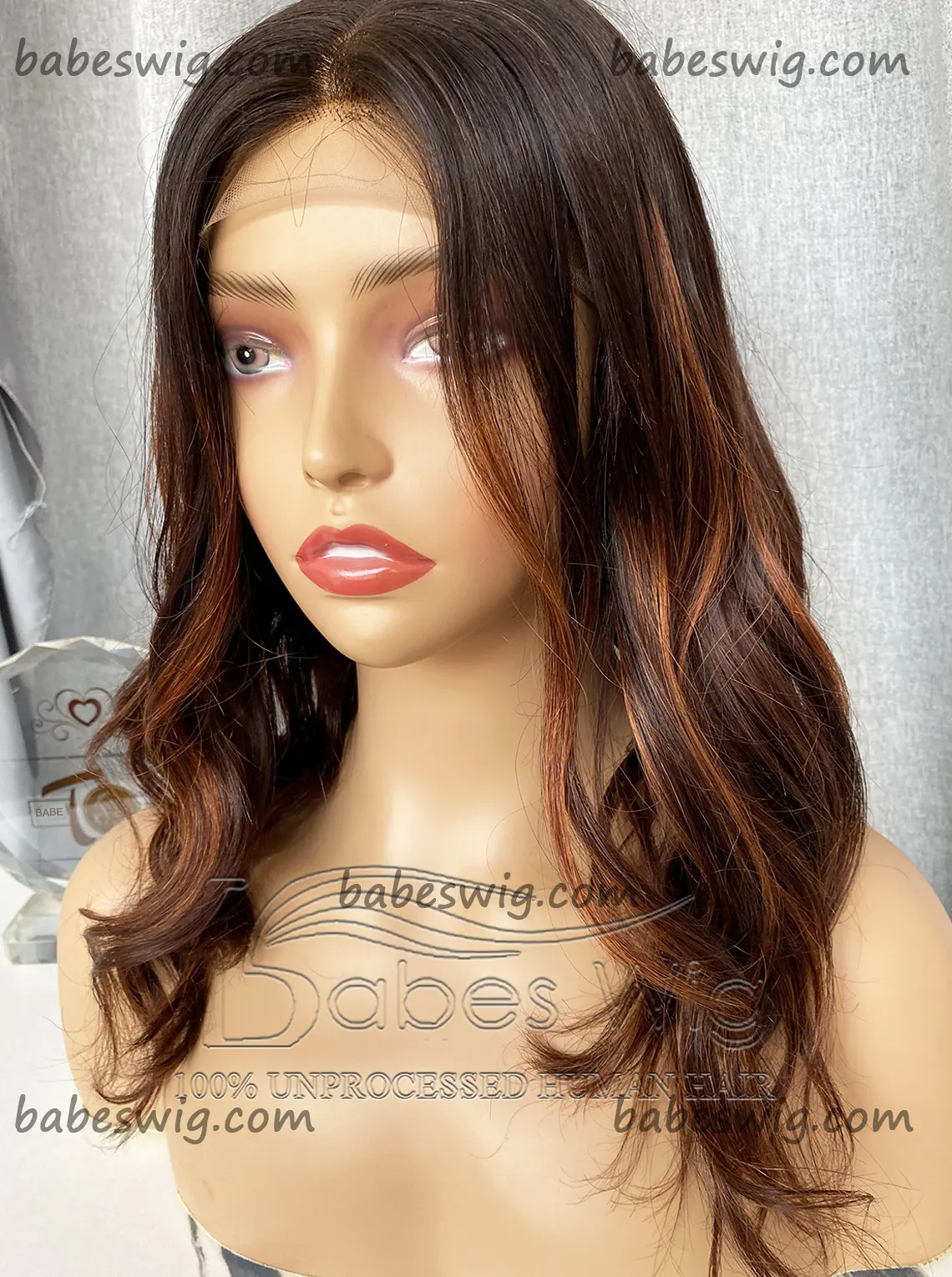 Dark brown base with Ginger balayage Color Glueless Silk Top Human Hair Lace Frontal Wigs