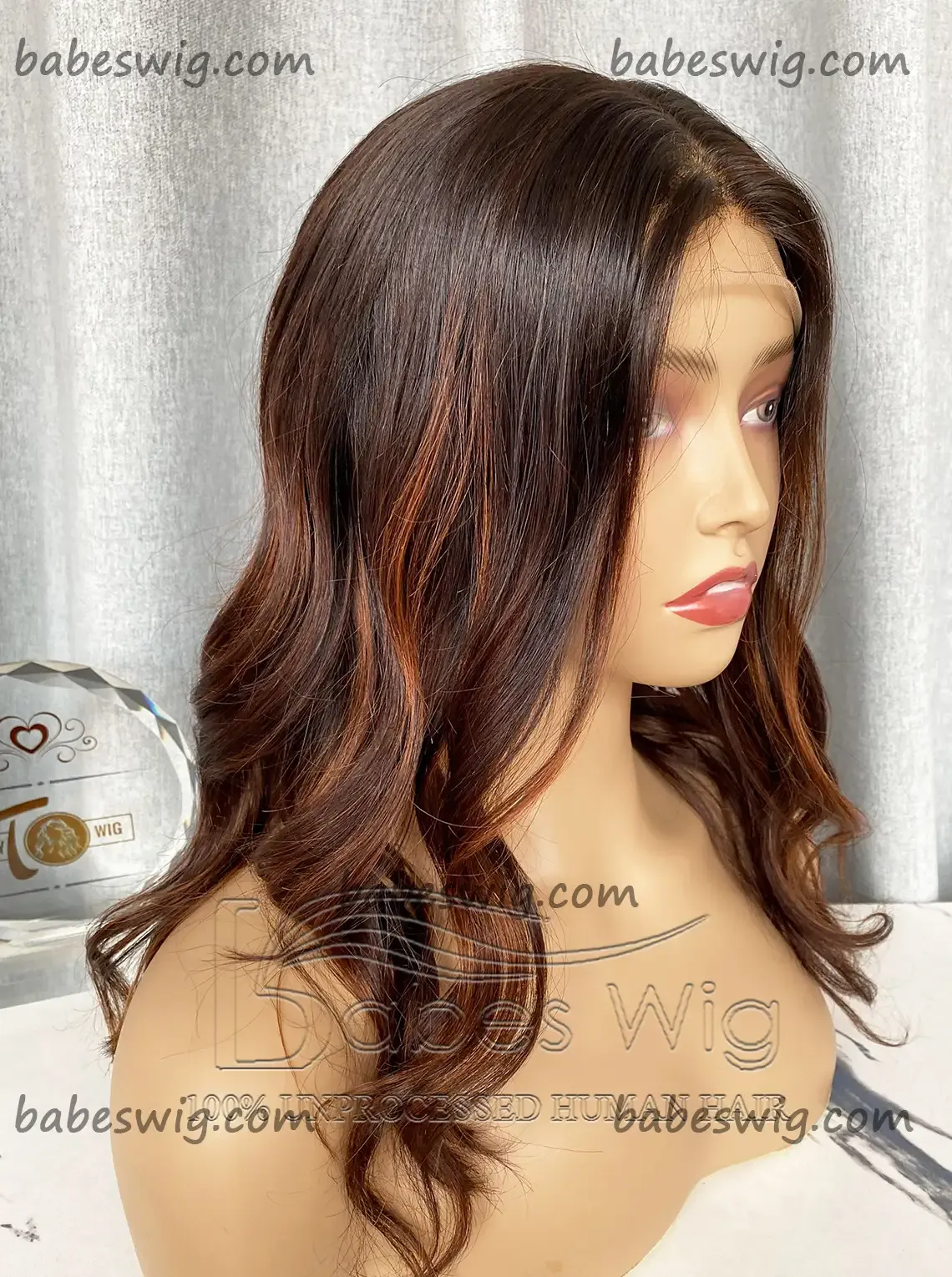 Dark brown base with Ginger balayage Color Glueless Silk Top Human Hair Lace Frontal Wigs