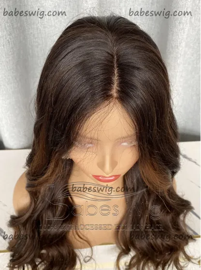 Silk Top Human Hair Lace Front Wigs Soft Wavy Balayage 100% Human Hair Silk Base Lace Wig  