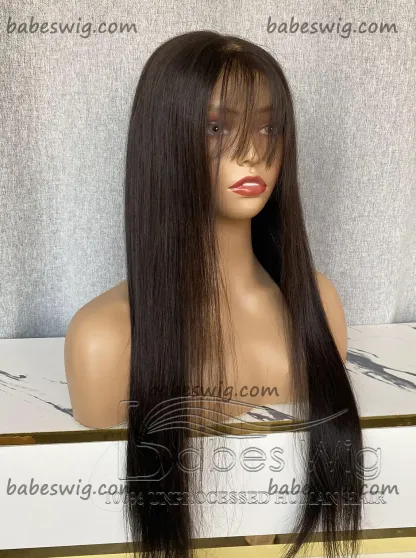 Glueless 13*6 Lace Front Human Hair Wig Natural Black Silky Straight Human Hair Lace Frontal Wigs with Bangs-BabesWIG