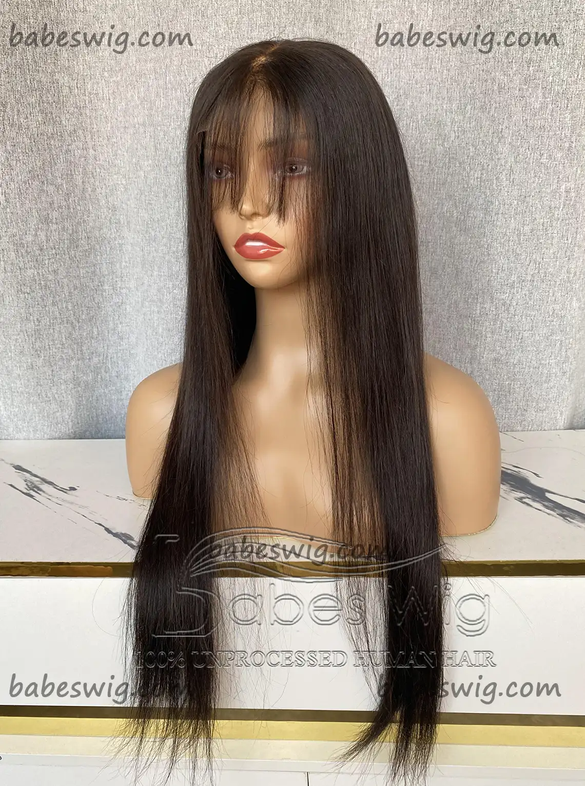 Glueless 13*6 Lace Front Human Hair Wig Natural Black Silky Straight Human Hair Lace Frontal Wigs with Bangs-BabesWIG
