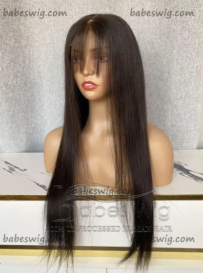 Glueless 13*6 Lace Front Human Hair Wig Natural Black Silky Straight Human Hair Lace Frontal Wigs with Bangs-BabesWIG