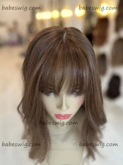 Brunette Brown Human Hair Topper with Bangs 5x6"-BabesWIG
