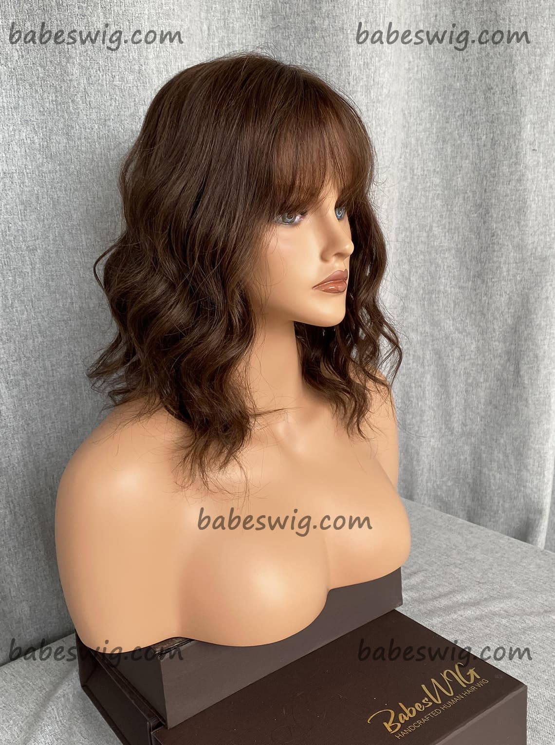 Brunette Brown Short Curly Bob Human Hair Lace Front Wigs With Bangs