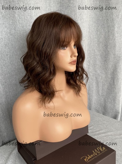 Brunette Brown Short Curly Bob Human Hair Lace Front Wigs With Bangs