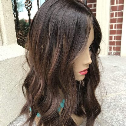 Real Natural Human Hair Brown Ombre Colored Wavy Glueless Silk Top Lace Front Human Hair Wigs For White Women-BabesWIG