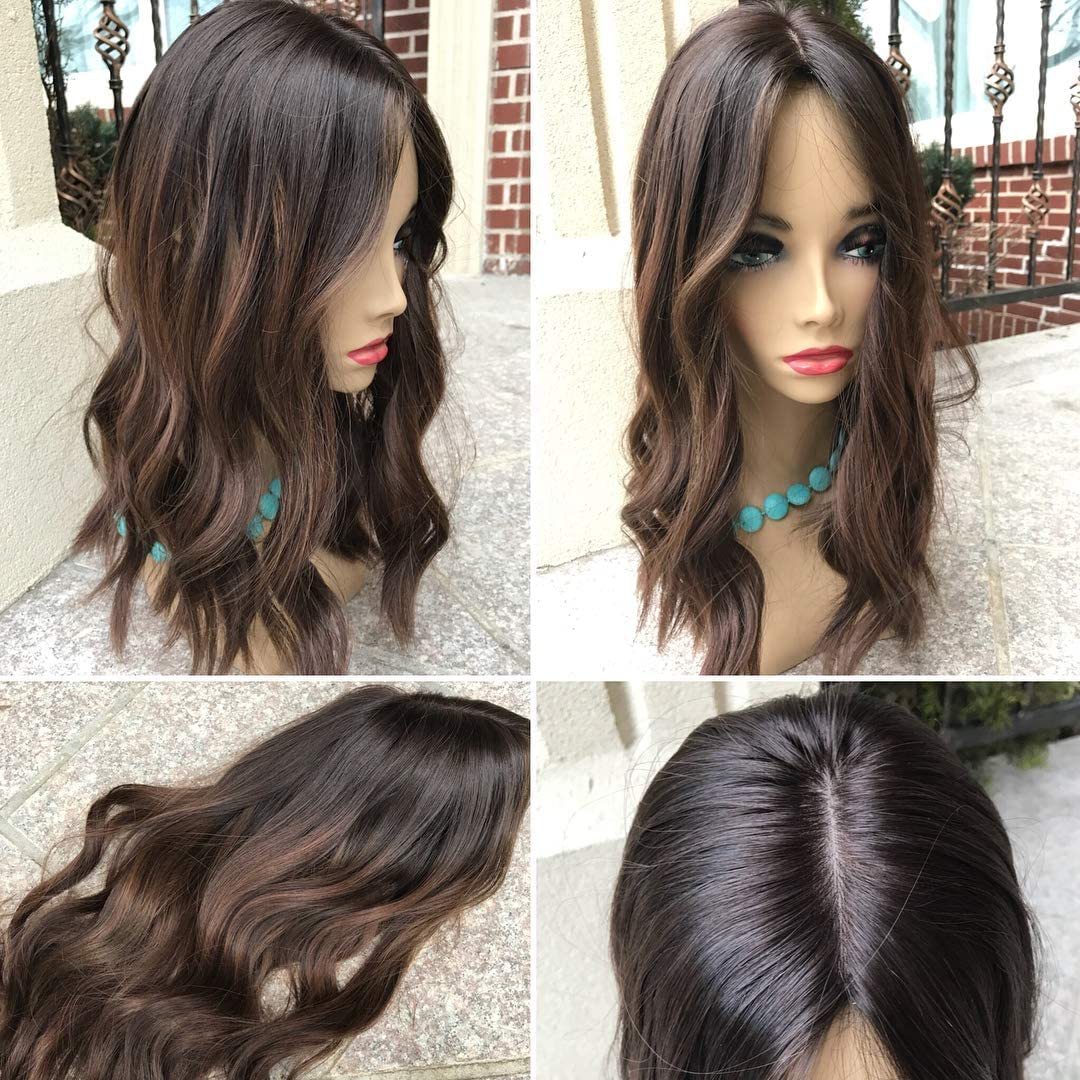 Real Natural Human Hair Brown Ombre Colored Wavy Glueless Silk Top Lace Front Human Hair Wigs For White Women-BabesWIG
