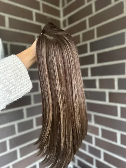 Silky Straight warm brown with bright blonde highlights 9*9 Silk Top Human Hair Topper Best Virgin Hair Silk Base Toppers for Women-BabesWIG