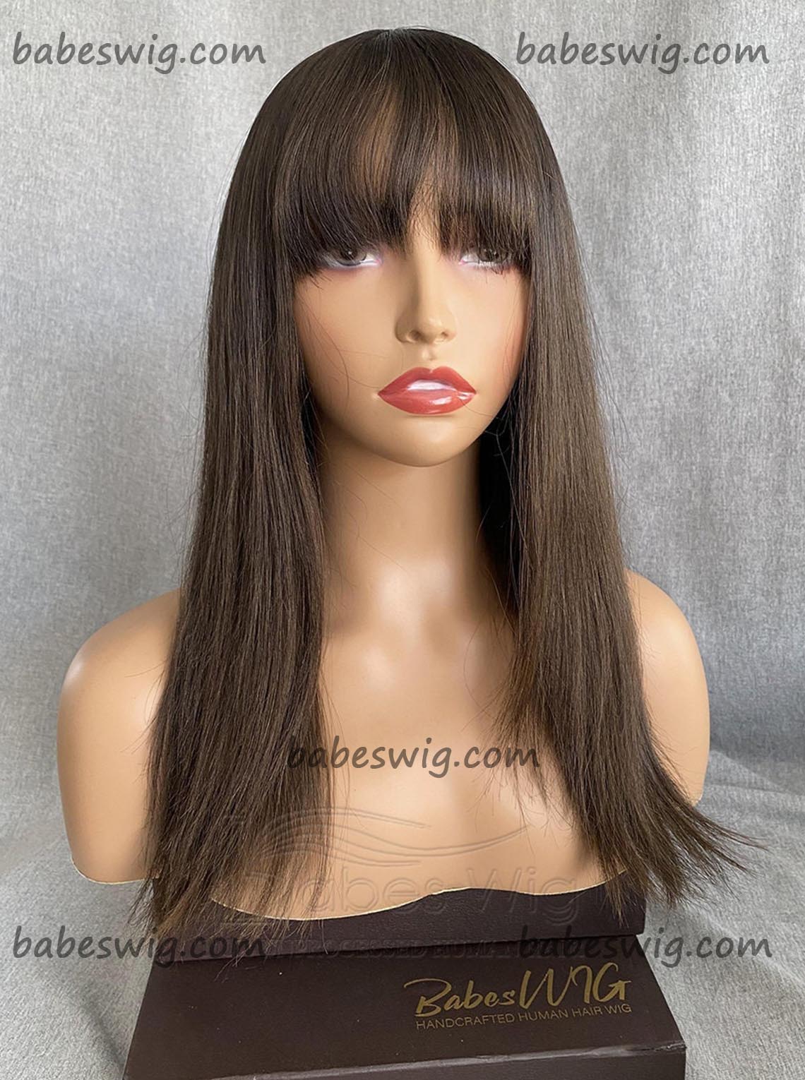 Glueles Chemo Wigs 100% Human Hair Brown Hair Color Full Wig with Bangs Lace Top Wig for White Women Free Shipping-BabesWIG