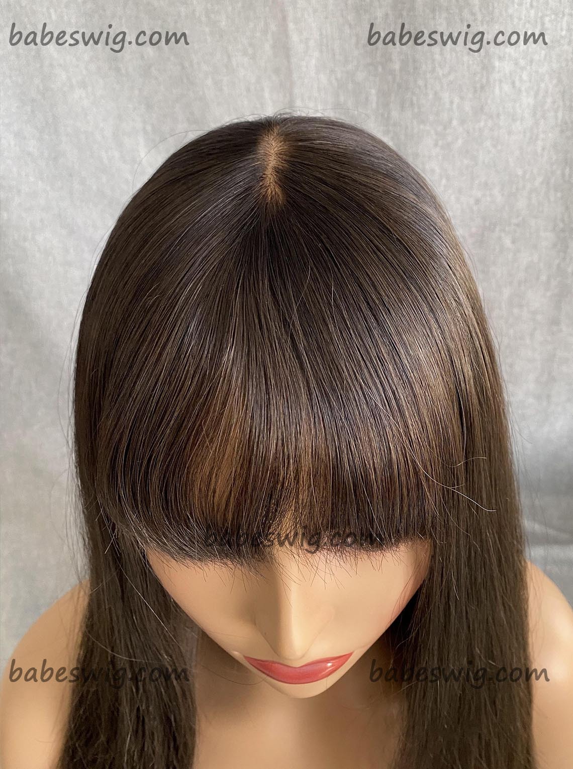 Glueles Chemo Wigs 100% Human Hair Brown Hair Color Full Wig with Bangs Lace Top Wig for White Women Free Shipping-BabesWIG