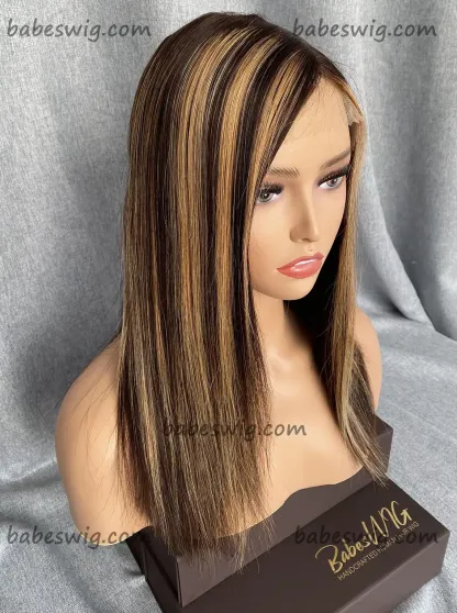 Human Hair Bob Cut Wigs Highlights C Part Silk Top Wigs-BabesWIG