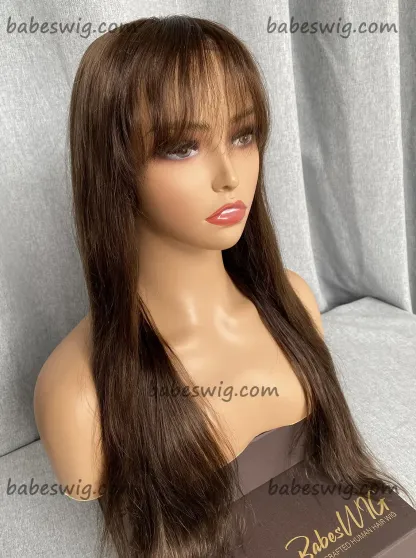 Long Brunette Brown Human Hair Silk Top Lace Front Wig with Thinning Bangs 