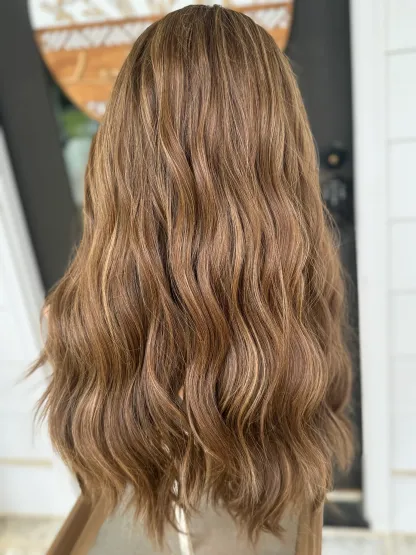 Human Hair Glueless 13*6 lace Front Wig brown with Highlights Wavy Hair Lace Top Wig-BabesWIG