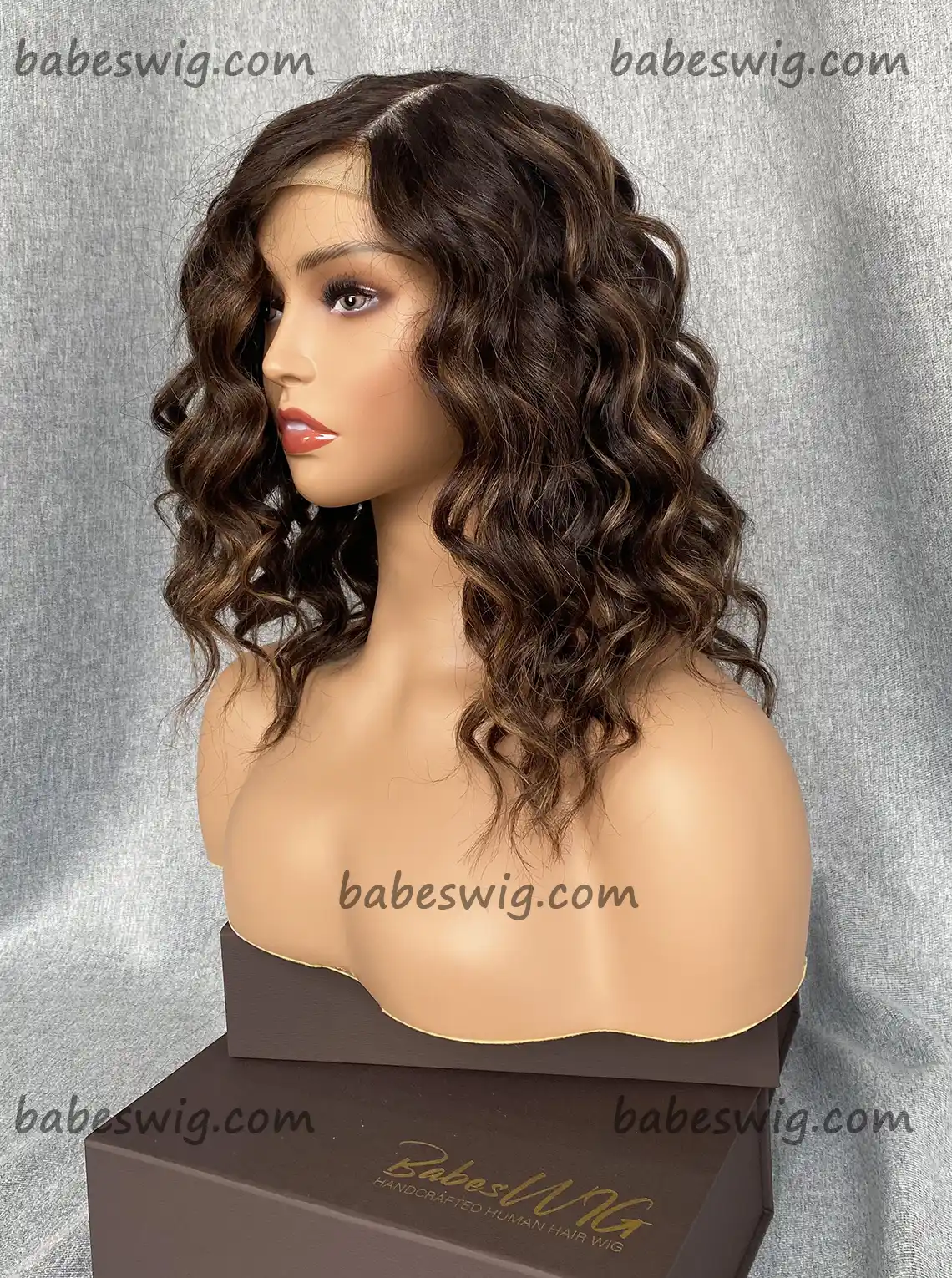 Short Curly Bob Silk Base Lace Front Wigs With Highlights Brown / Blonde
