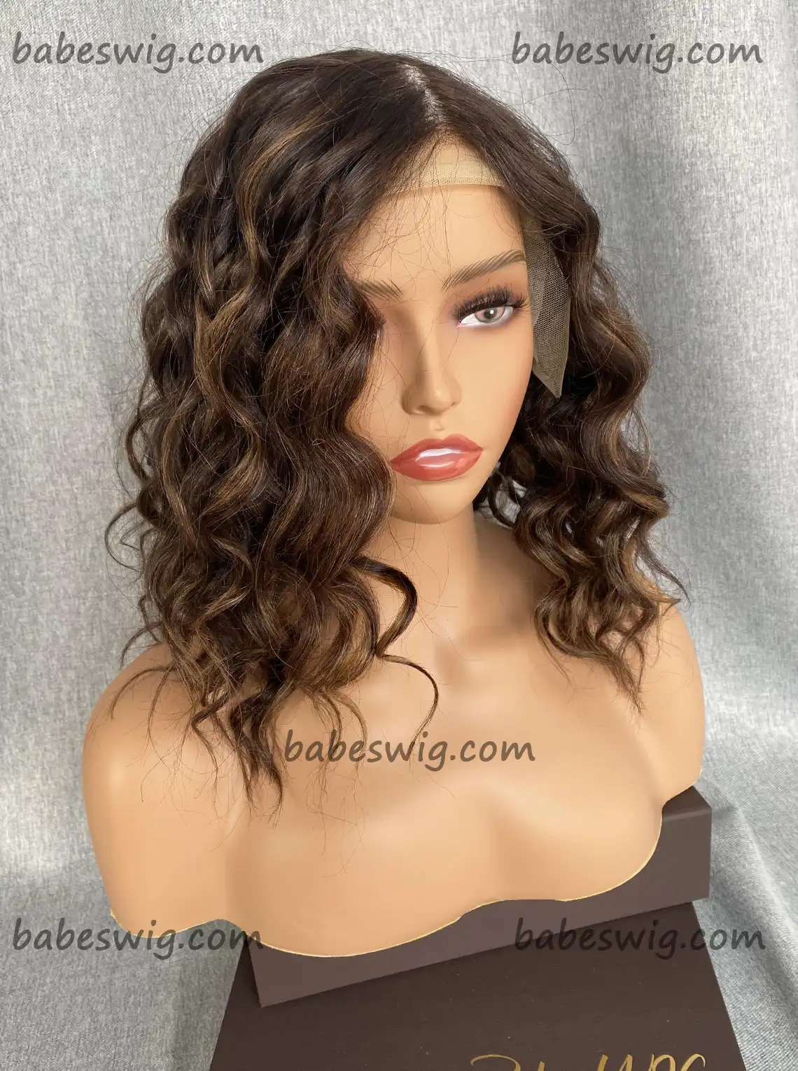 Short Curly Bob Silk Base Lace Front Wigs With Highlights Brown / Blonde
