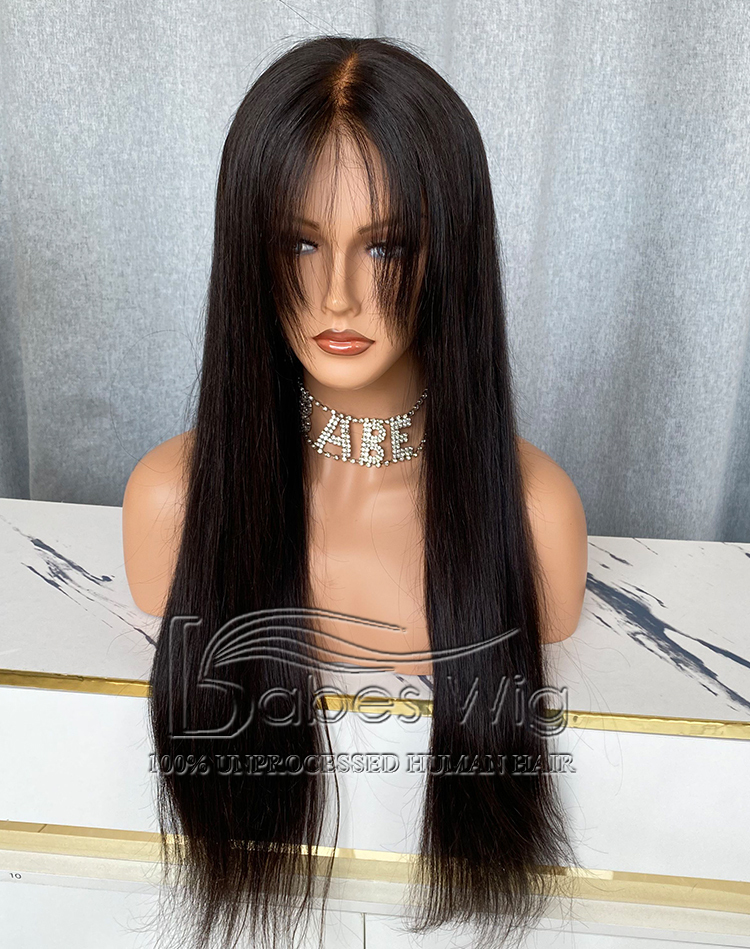 Natural Black Straight Hair Wig 100% Human hair 13*6 Lace Front Wig with layered bangs-BabesWIG