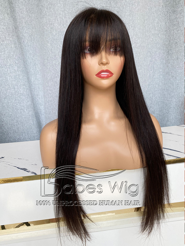 Natural Black Straight Hair Wig 100% Human hair 13*6 Lace Front Wig With bangs-BabesWIG