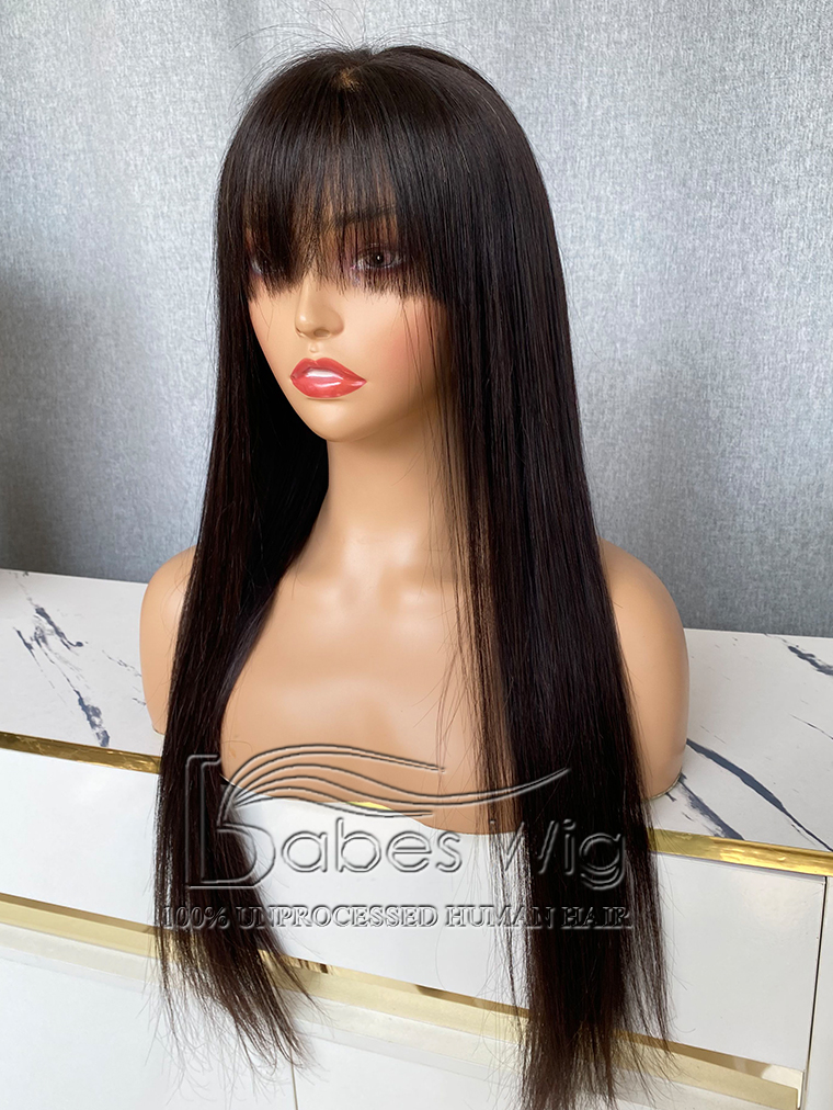 Natural Black Straight Hair Wig 100% Human hair 13*6 Lace Front Wig With bangs-BabesWIG