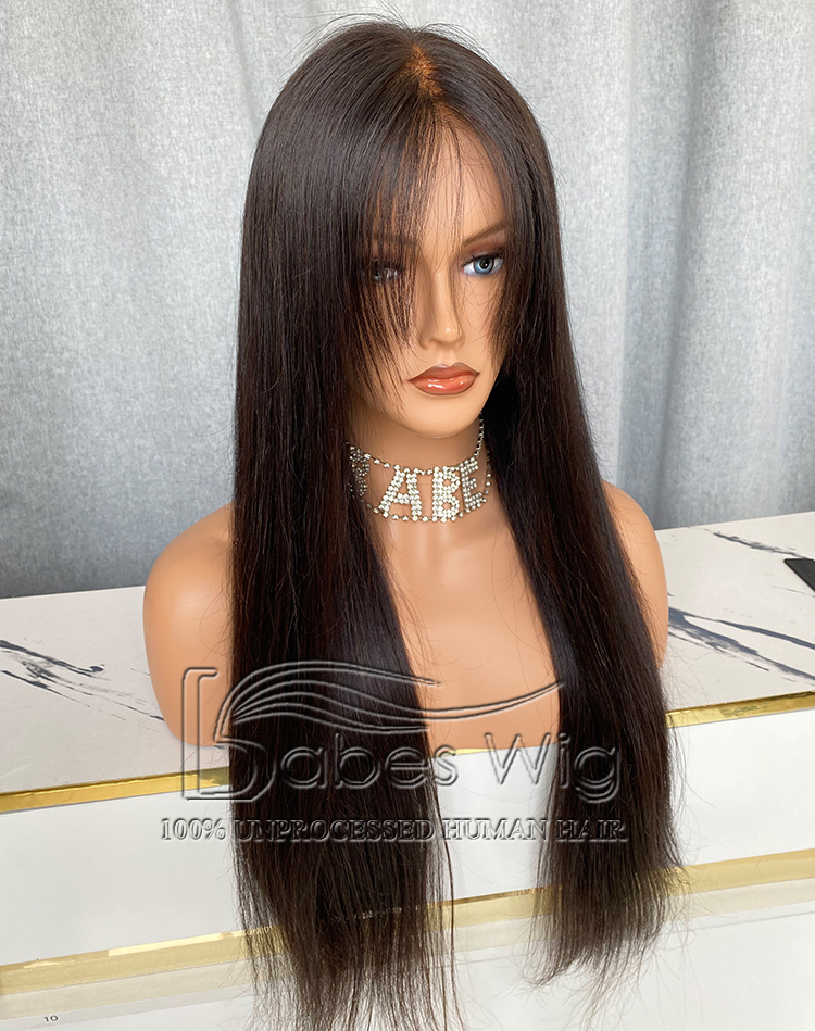Natural Black Straight Hair Wig 100% Human hair 13*6 Lace Front Wig with layered bangs-BabesWIG