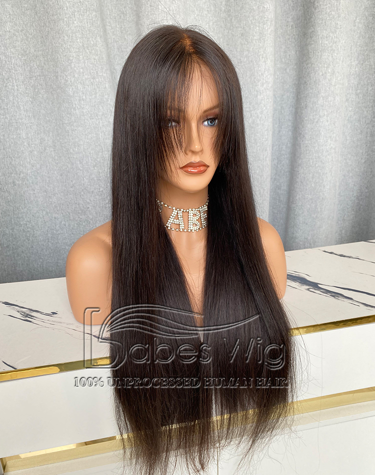 Natural Black Straight Hair Wig 100% Human hair 13*6 Lace Front Wig with layered bangs-BabesWIG