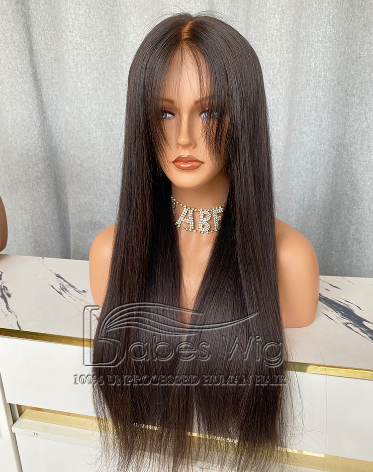 Natural Black Straight Hair Wig 100% Human hair 13*6 Lace Front Wig with layered bangs-BabesWIG