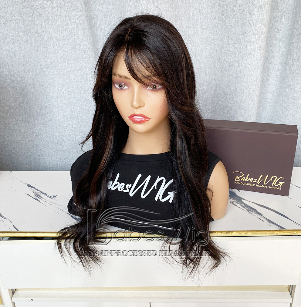 Natural Black Wig With Brown Highlights ladies Human Hair Lace Front Wigs with bangs