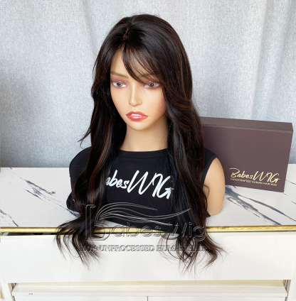 Natural Black Wig With Brown Highlights ladies Human Hair Lace Front Wigs with bangs