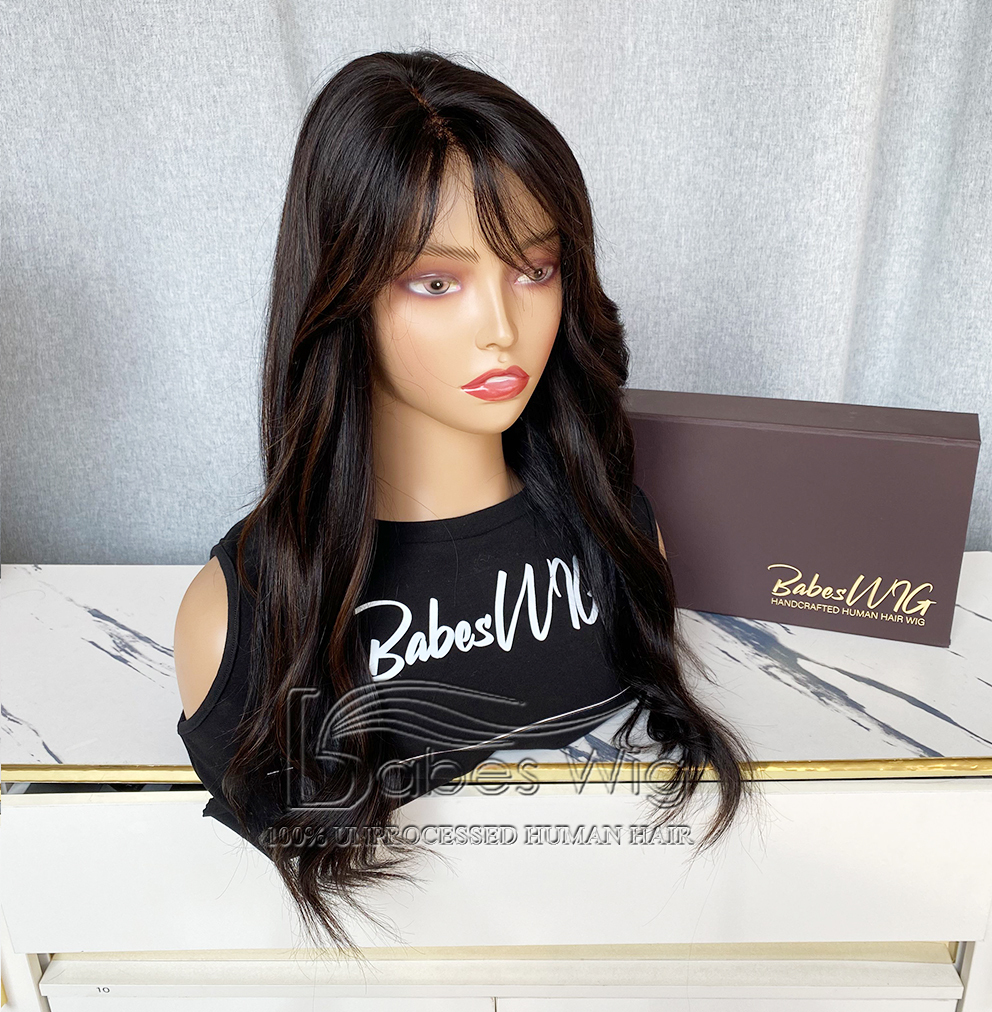 Natural Black Wig With Brown Highlights ladies Human Hair Lace Front Wigs with bangs