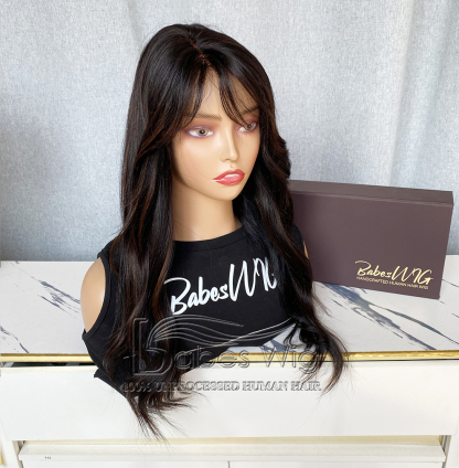 Natural Black Wig With Brown Highlights ladies Human Hair Lace Front Wigs with bangs
