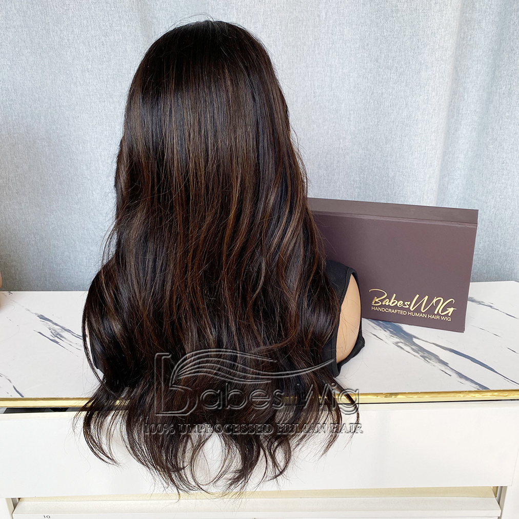 Natural Black Wig With Brown Highlights ladies Human Hair Lace Front Wigs with bangs