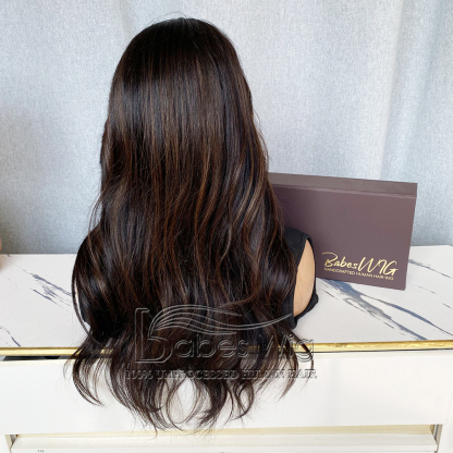 Natural Black Wig With Brown Highlights ladies Human Hair Lace Front Wigs with bangs