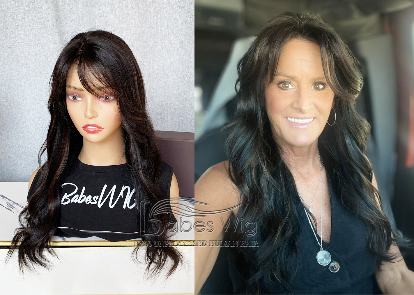 Natural Black Wig With Brown Highlights ladies Human Hair Lace Front Wigs with bangs