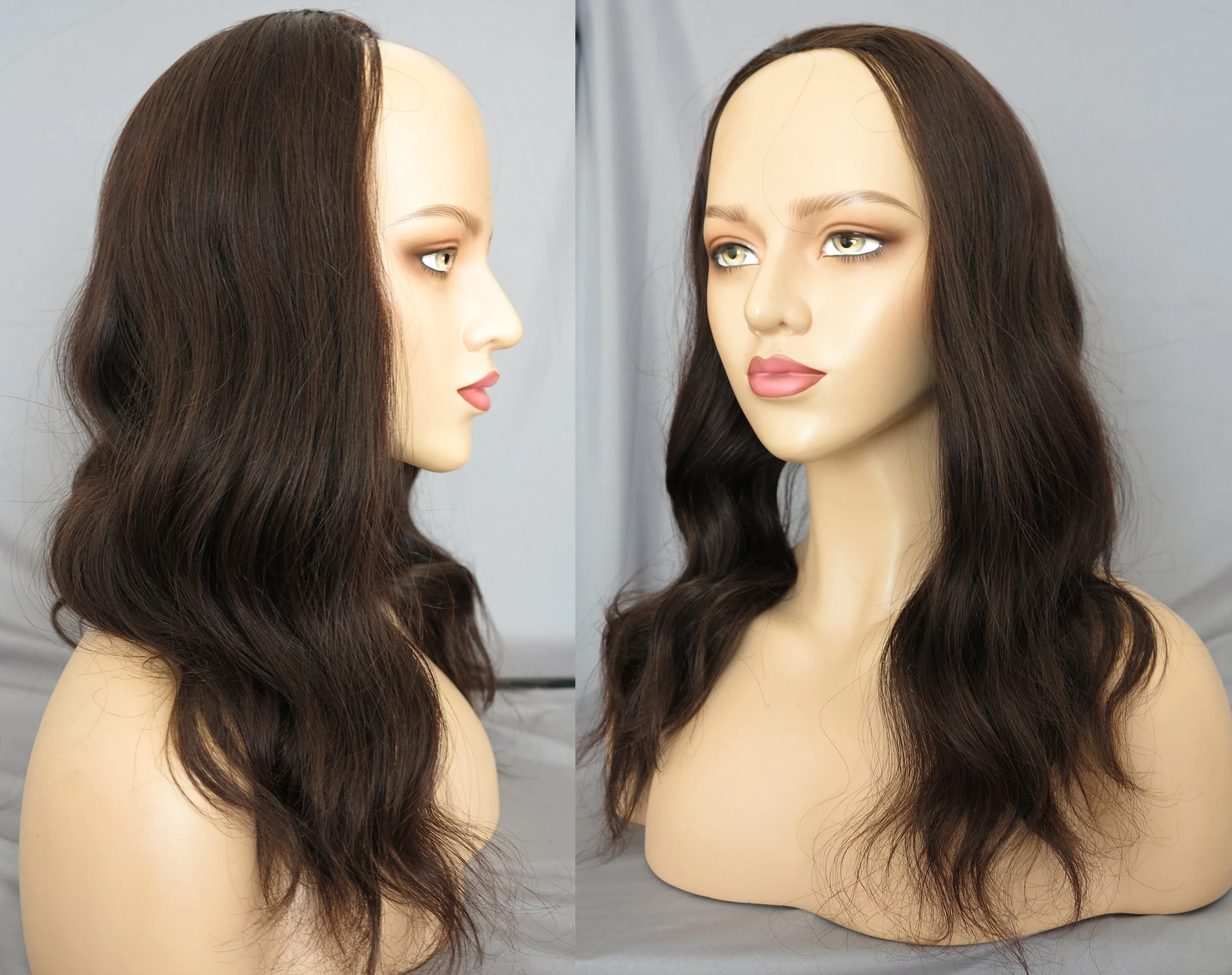 100% Remy Human Hair Dark Brown Wavy 3/4 Half Wig on Sale-BabesWIG