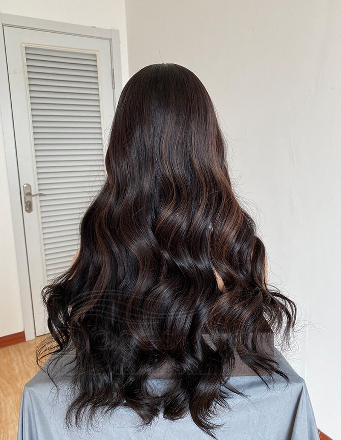 Long Black Wig With Brown Highlights ladies Human Hair Lace Front Wigs