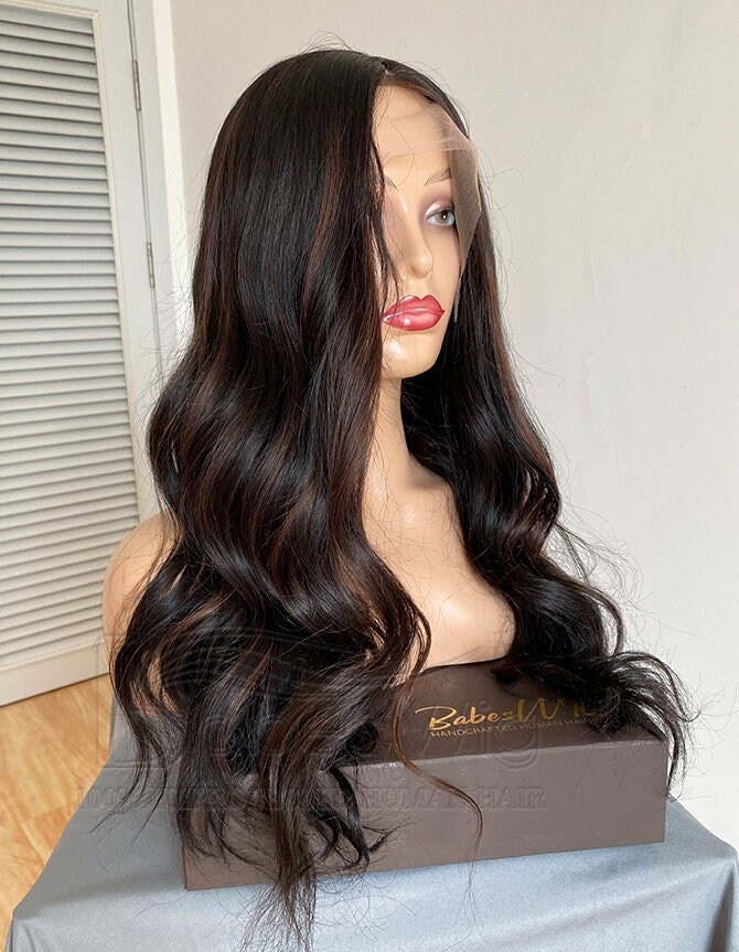 Long Black Wig With Brown Highlights ladies Human Hair Lace Front Wigs