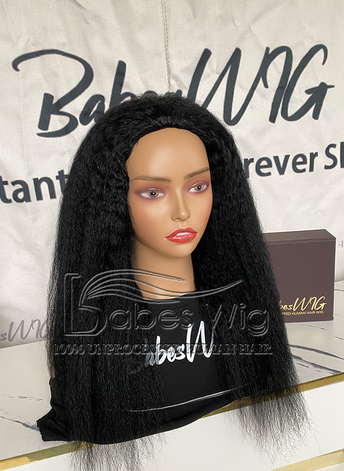 Jymwig Kinky Straight 100% Human Hair Sports Wig #1 Jet Black 3/4 half wig for women