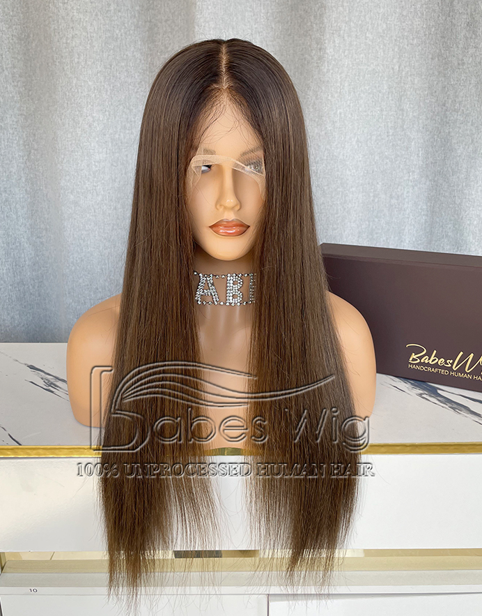   Silk Top Medical Wig Full hand tied glueless Silk Top Human Hair Wig Ash Brown Straight Hair Wig-BabesWIG