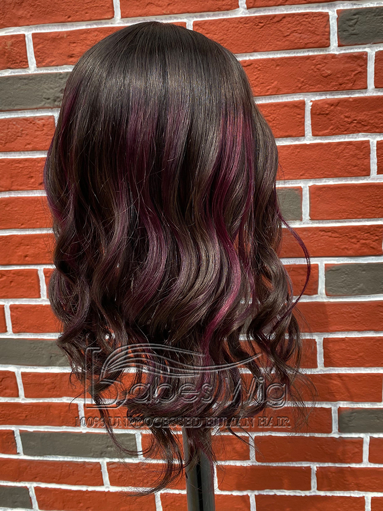 Dunkelbraunes Haar mit lila Strähnen  9*9 Seidenoberteil Menschenhaartopper Beste Haarseidenbasis-Topper für Frauen