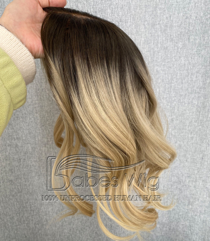 9*9 Cap Silk Top Human Hair Topper Ombre Dark Roots to Blonde Wavy hair Best Virgin Hair Ombre Color Silk Base Toppers -BabesWIG