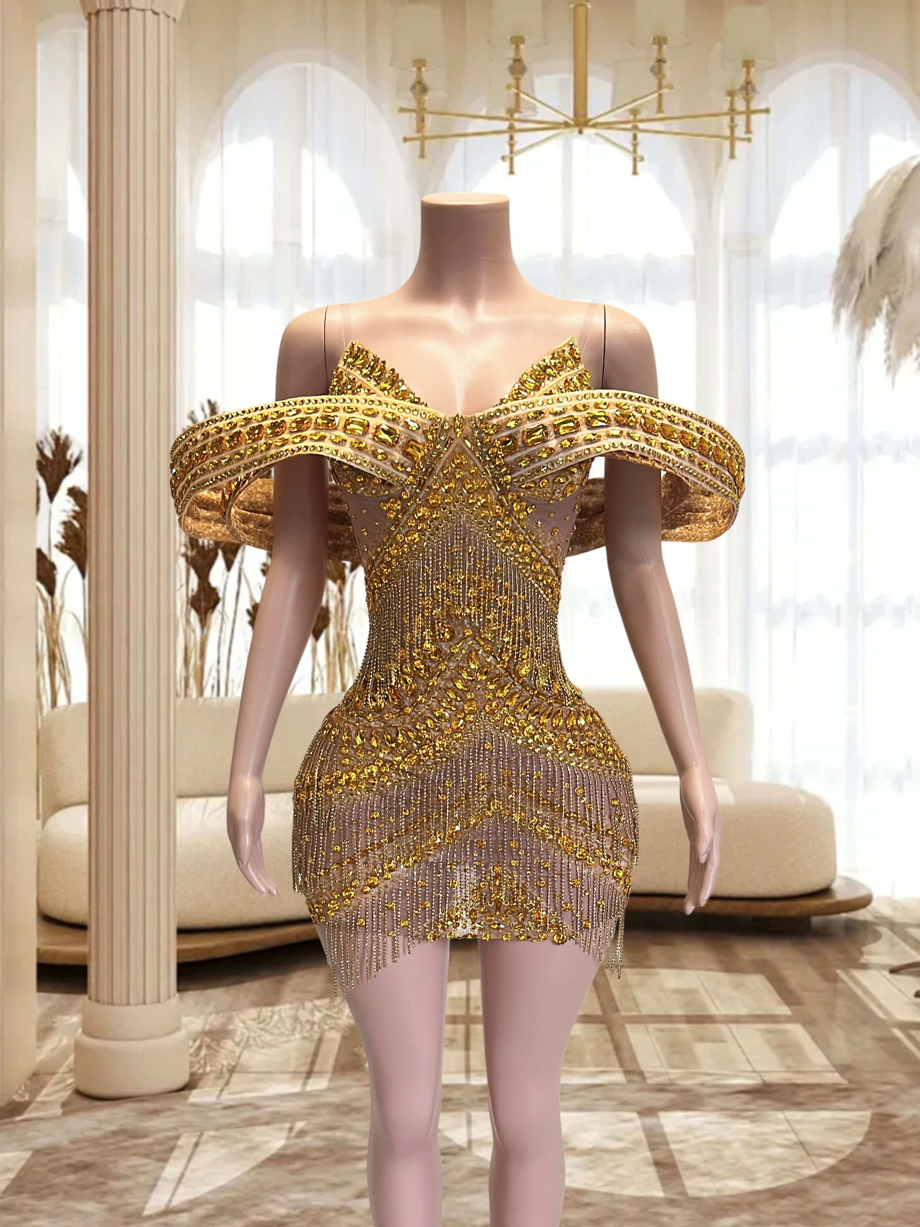 Gold Rhinestone Chains 3D Mini Dress