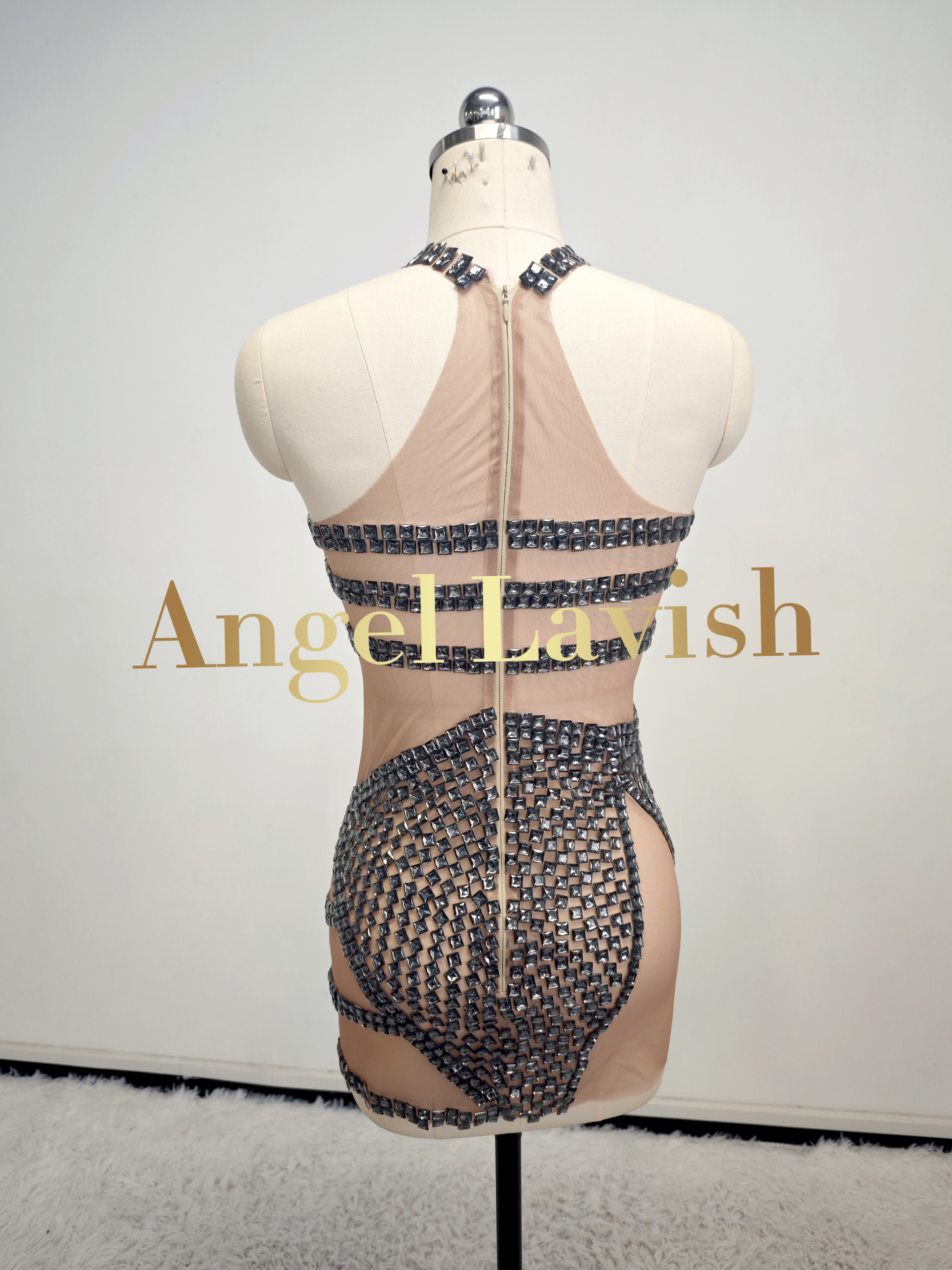 Black Mesh See Through Rhinestone Mini Dress