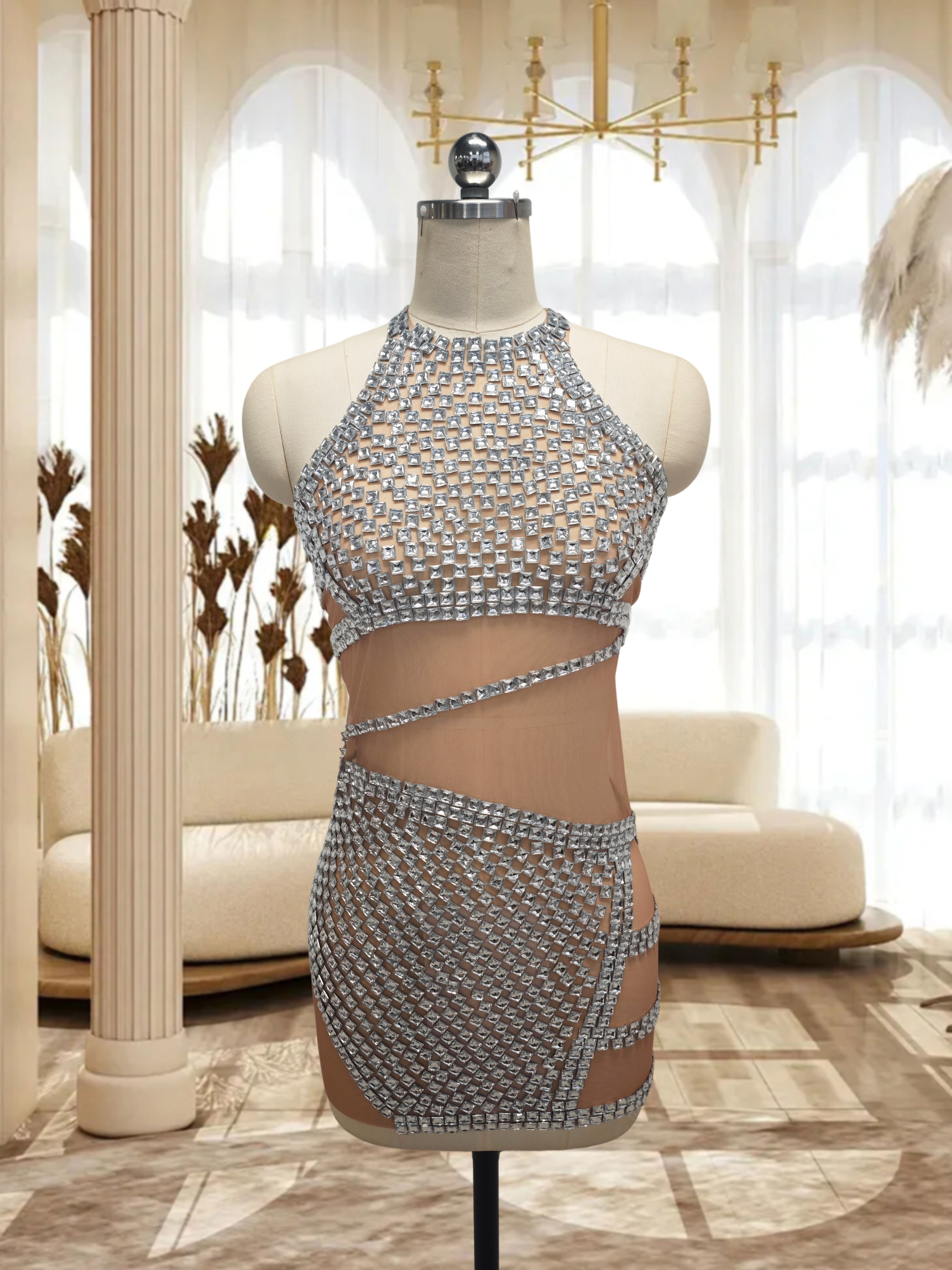 Black Mesh See Through Rhinestone Mini Dress