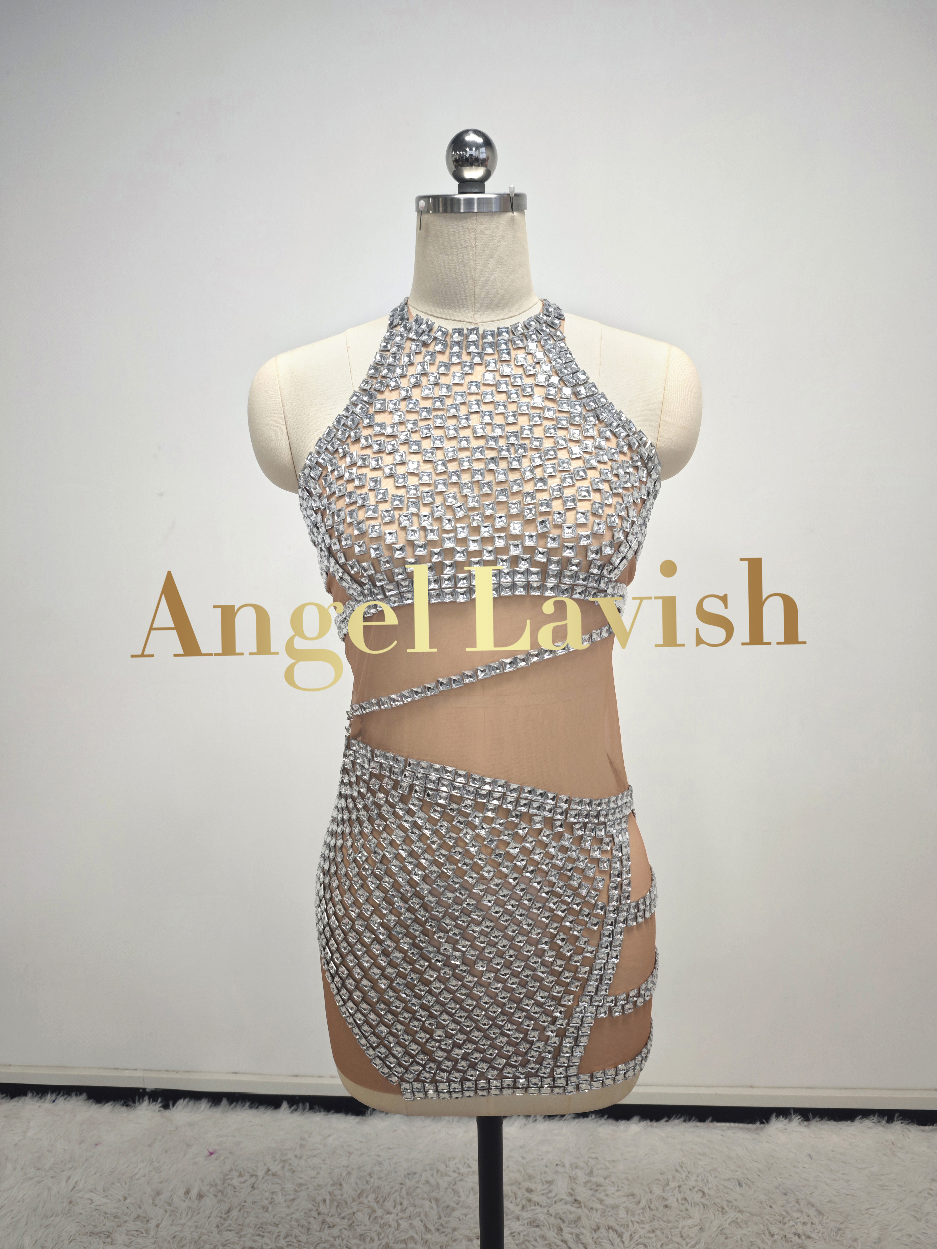Black Mesh See Through Rhinestone Mini Dress