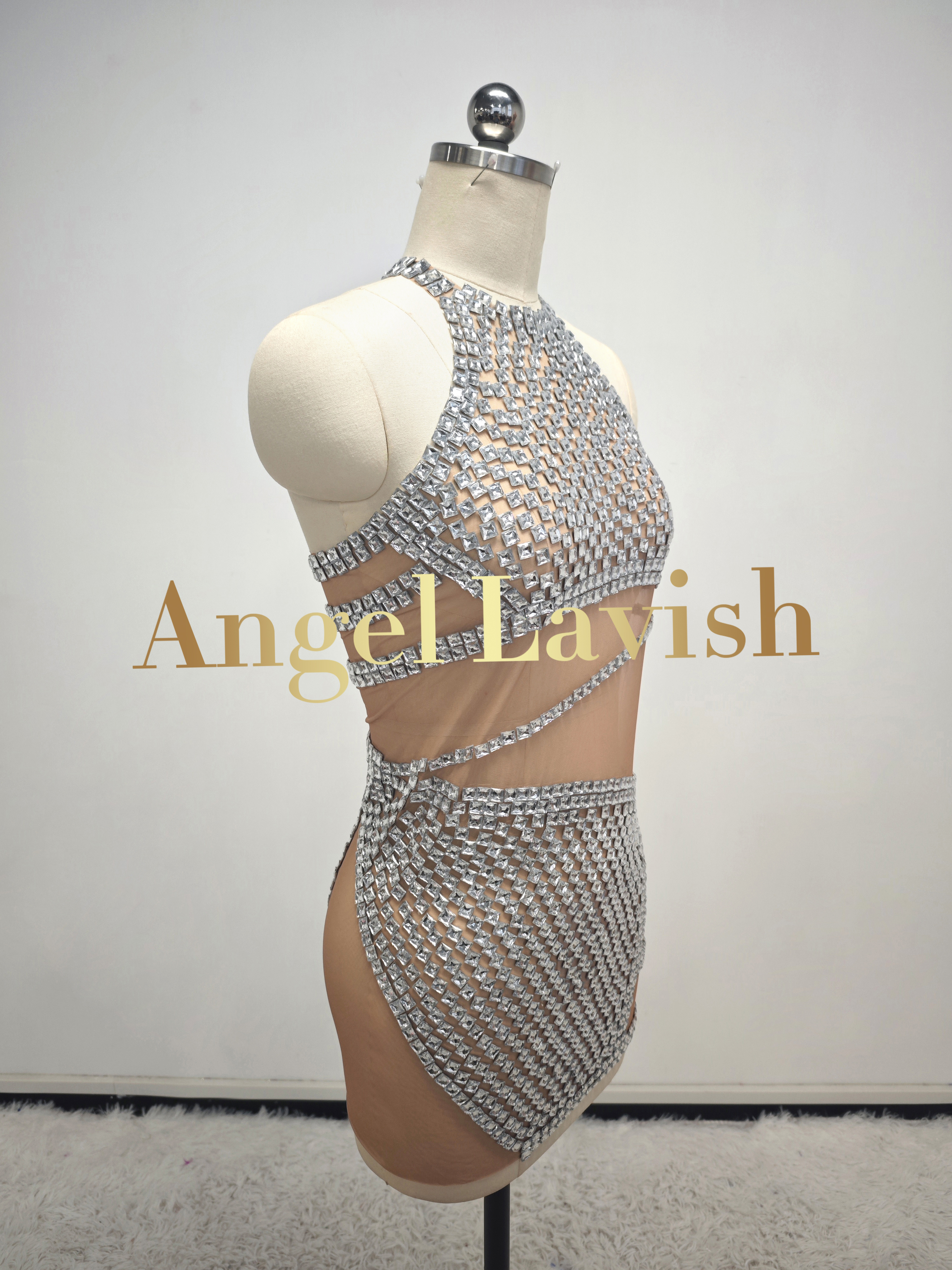 Black Mesh See Through Rhinestone Mini Dress